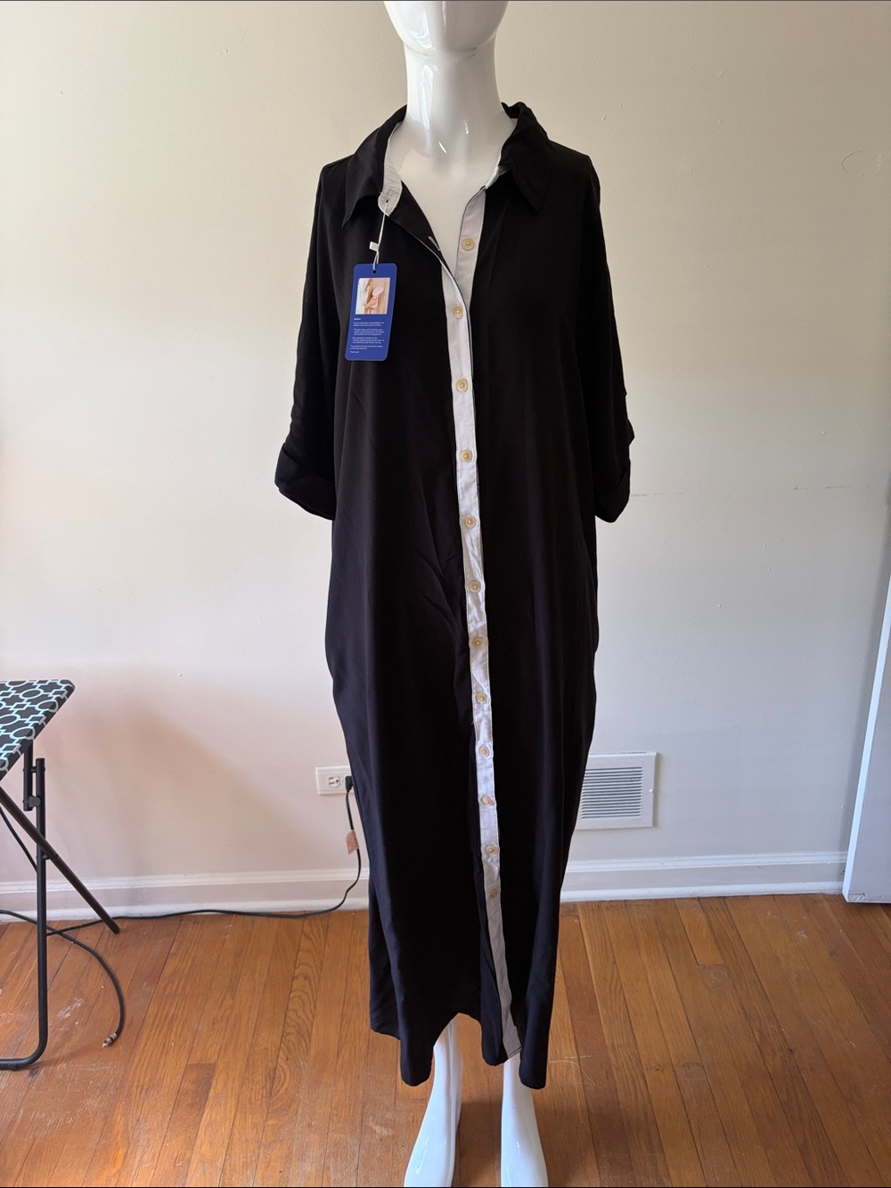 Black Maxi Shirt Dress with White Contrast Placket - Classic Relaxed Fit